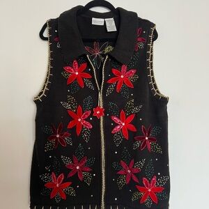 Vintage 90s Plus Holiday Christmas Sweater Vest Poinsettia Velvet & Beading s16